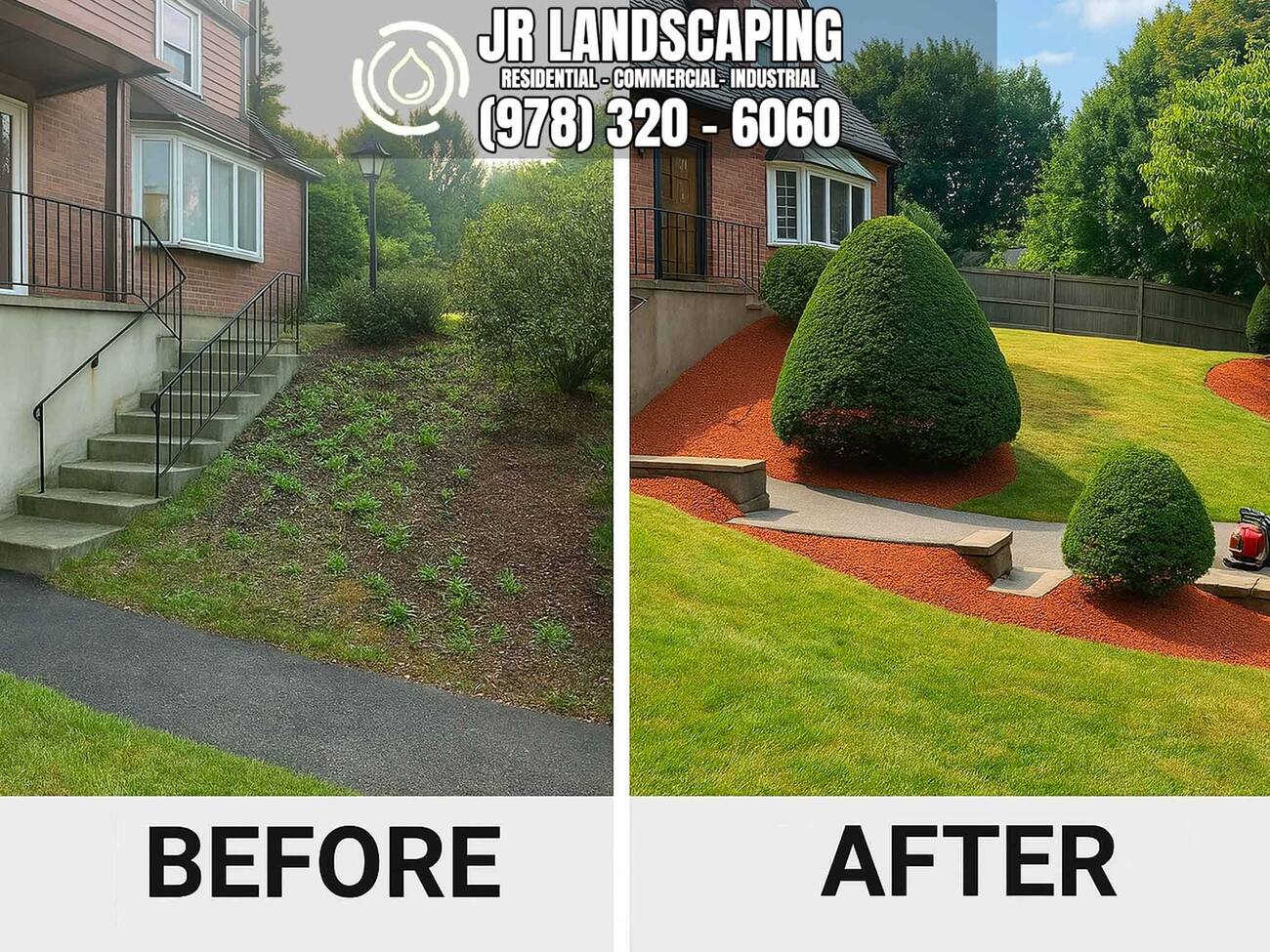 Before and after comparison of a foundation bed and side yard renovation